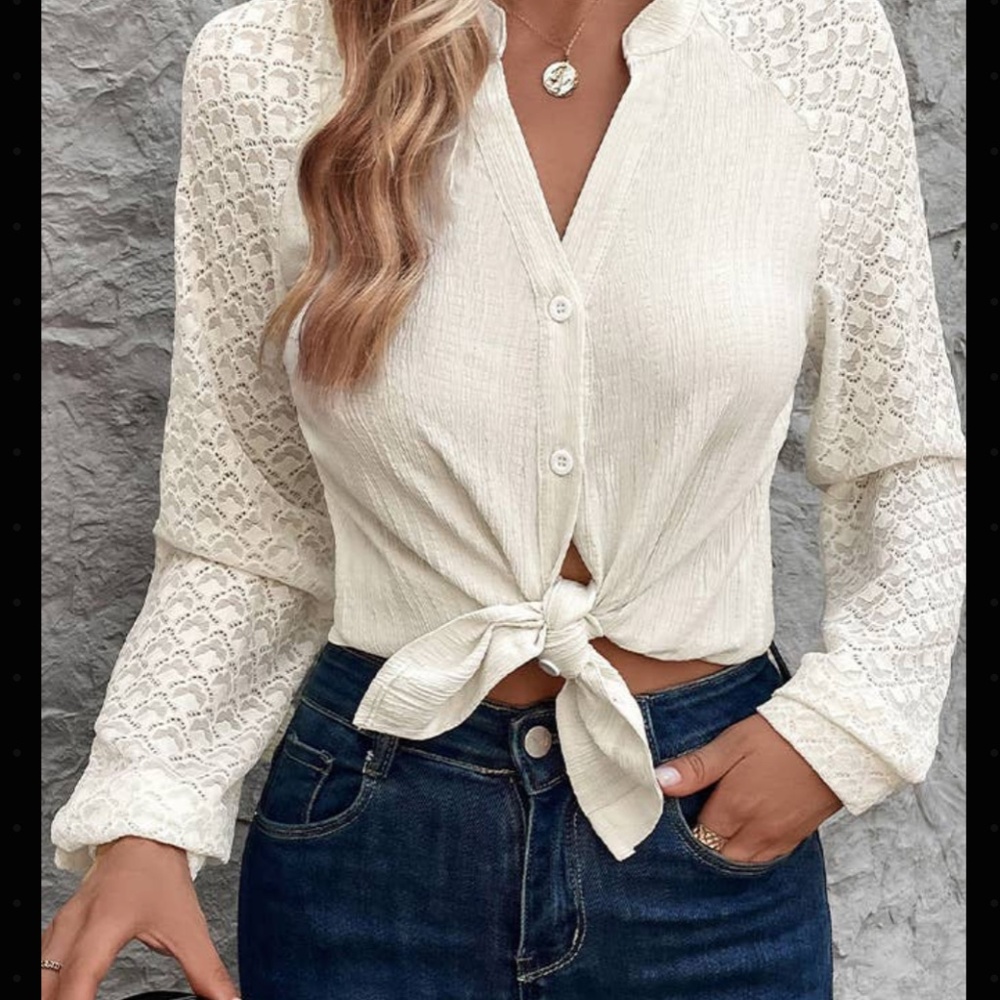 Cream Jacquard Splicing V-neck Buttons Front Shirt